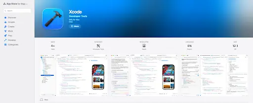 Xcode interface on macOS showing a SwiftUI project open in the code editor, with the file navigator on the left and an iPhone simulator preview on the right displaying a colorful travel app layout. 