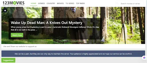 Screenshot of 123Movies website homepage displaying a banner for "Wake Up Dead Man: A Knives Out Mystery" with navigation options and a watch now button.