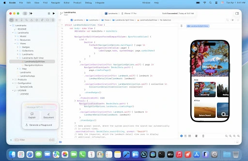 Mac App Store page for Xcode showing the app header with the Xcode icon and a horizontal preview gallery highlighting the Xcode interface, code editor, and iPhone simulator screenshots.