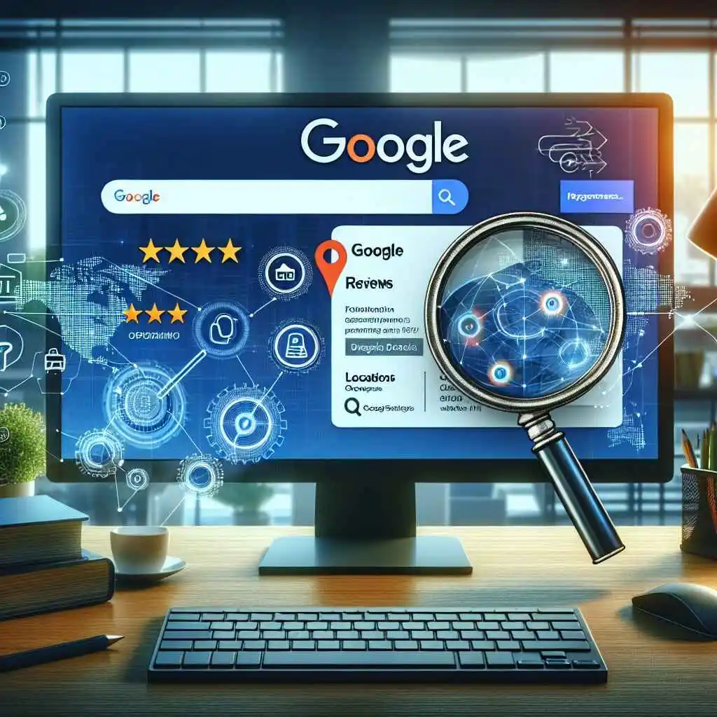 Google Business Profile dashboard displayed on a desktop screen with reviews, map location, and search features, representing local SEO and online visibility for dental clinics