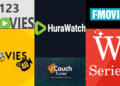 A collage showing logos of streaming websites including 123Movies, FMovies, HuraWatch, WatchSeries, Movies4u, and CouchTuner – popular alternatives to Hurawatch for watching movies and TV shows online.