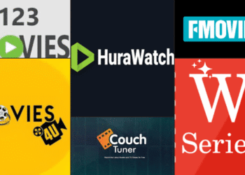 A collage showing logos of streaming websites including 123Movies, FMovies, HuraWatch, WatchSeries, Movies4u, and CouchTuner – popular alternatives to Hurawatch for watching movies and TV shows online.