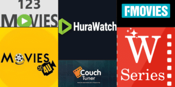 A collage showing logos of streaming websites including 123Movies, FMovies, HuraWatch, WatchSeries, Movies4u, and CouchTuner – popular alternatives to Hurawatch for watching movies and TV shows online.