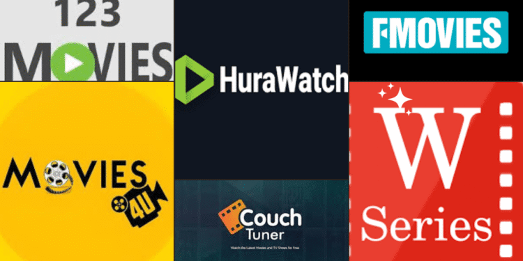 A collage showing logos of streaming websites including 123Movies, FMovies, HuraWatch, WatchSeries, Movies4u, and CouchTuner – popular alternatives to Hurawatch for watching movies and TV shows online.