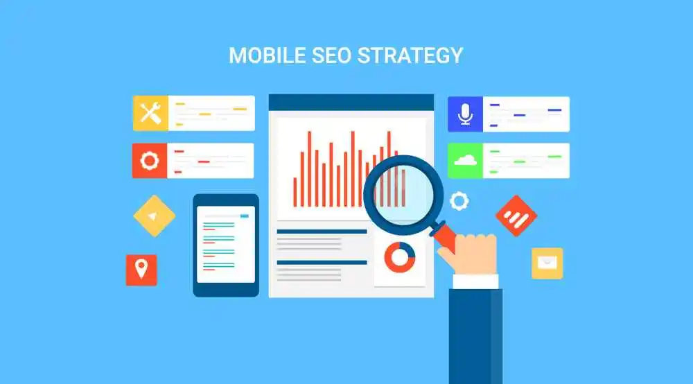 Mobile SEO strategy illustration showing analytics, search optimization, and performance tracking on a smartphone, representing mobile-friendly dental websites and improved search rankings