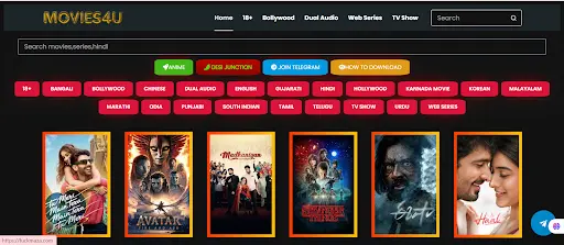 Screenshot of the Movies4u website showcasing Bollywood and Hollywood movie posters with navigation tags for language, genre, and dual audio options.