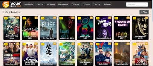 SolarMovie homepage displaying latest movies with poster thumbnails, genre navigation menu, and IMDb rating sections.
