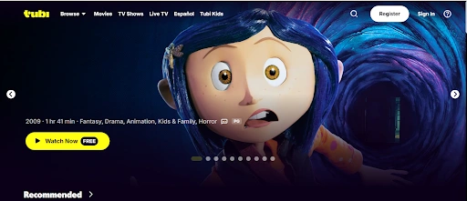 Tubi TV homepage showing featured animated movie banner with navigation menu, free watch button, and sign-in options.