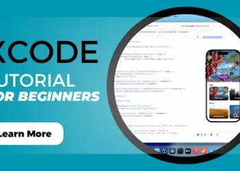 Xcode tutorial for beginners showing the Xcode interface with Swift code and an iPhone simulator for building iOS apps