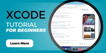 Xcode tutorial for beginners showing the Xcode interface with Swift code and an iPhone simulator for building iOS apps
