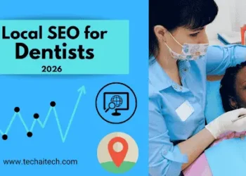 Dentist examining a patient in a dental clinic with a graphic showing Local SEO for Dentists 2026 and Google Maps growth