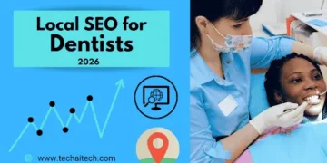 Dentist examining a patient in a dental clinic with a graphic showing Local SEO for Dentists 2026 and Google Maps growth