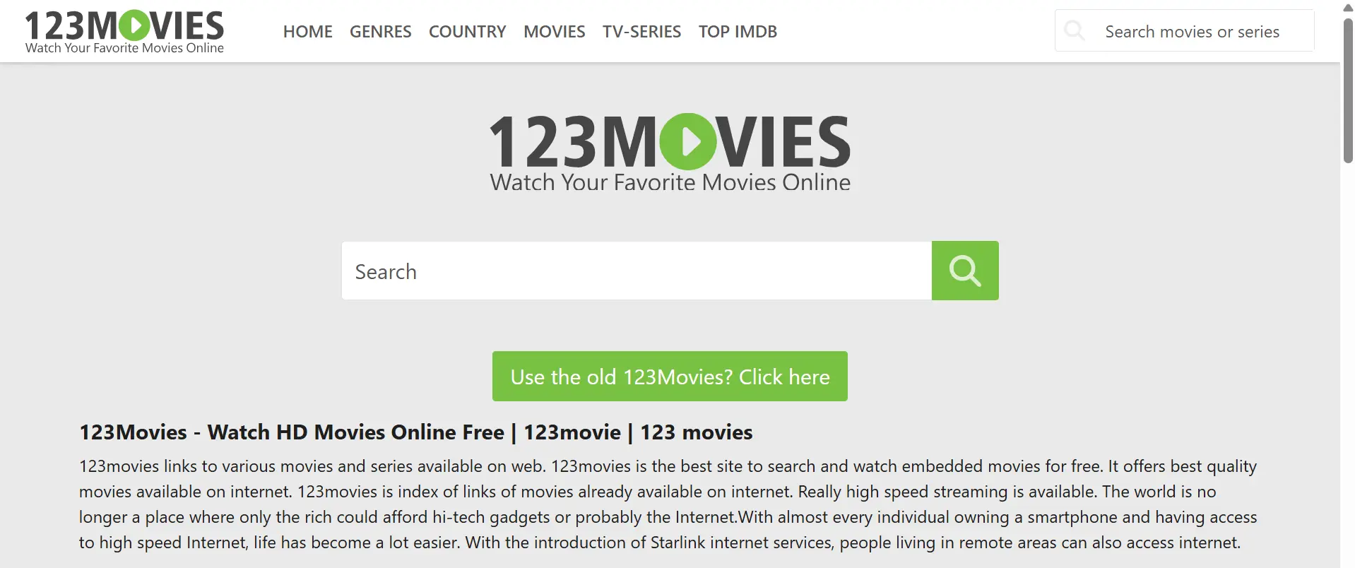 123Movies website showcasing streaming services and free movie access, with warning about its illegal status, malware risks, and legal consequences.