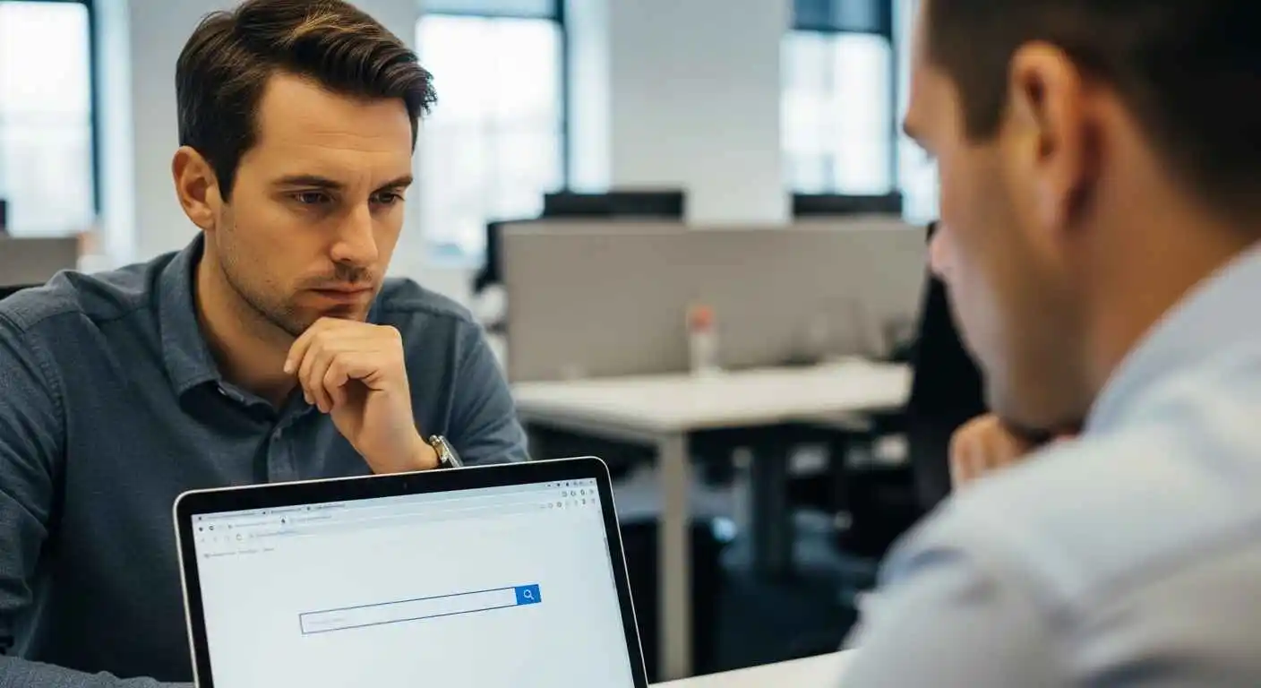 A professional workspace scene showing a user searching for HDIntranet on a laptop, representing curiosity and confusion about corporate intranet access.