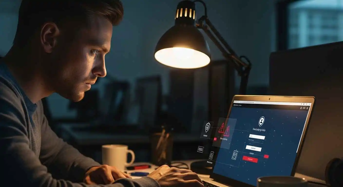 Cybersecurity concept image showing a warning symbol and suspicious login page on a laptop, highlighting phishing threats targeting corporate intranet users.
