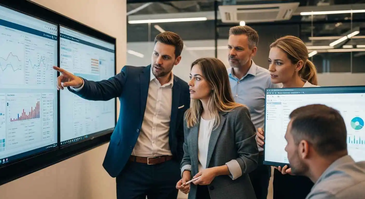 Business professionals reviewing multiple intranet dashboards on screens, representing a conceptual comparison of enterprise intranet platforms.