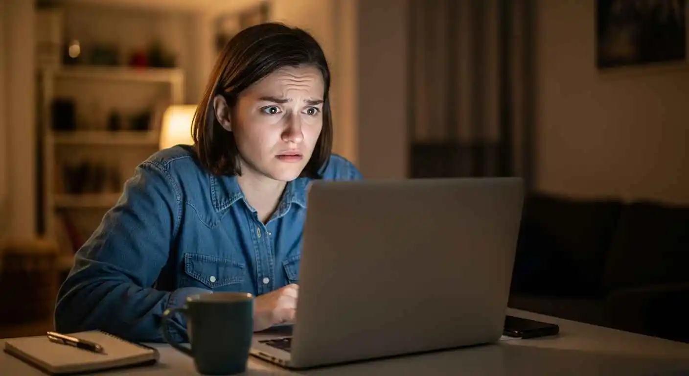 A confused internet user researching HDIntranet on a laptop at home, symbolizing general users unsure about intranet access.