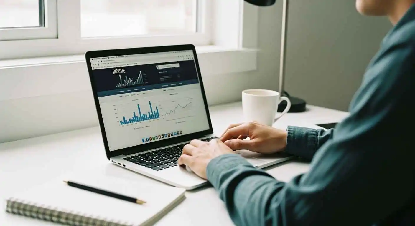 A professional blogger working on a laptop with analytics charts and monetization icons showing modern blogging monetization methods in 2026