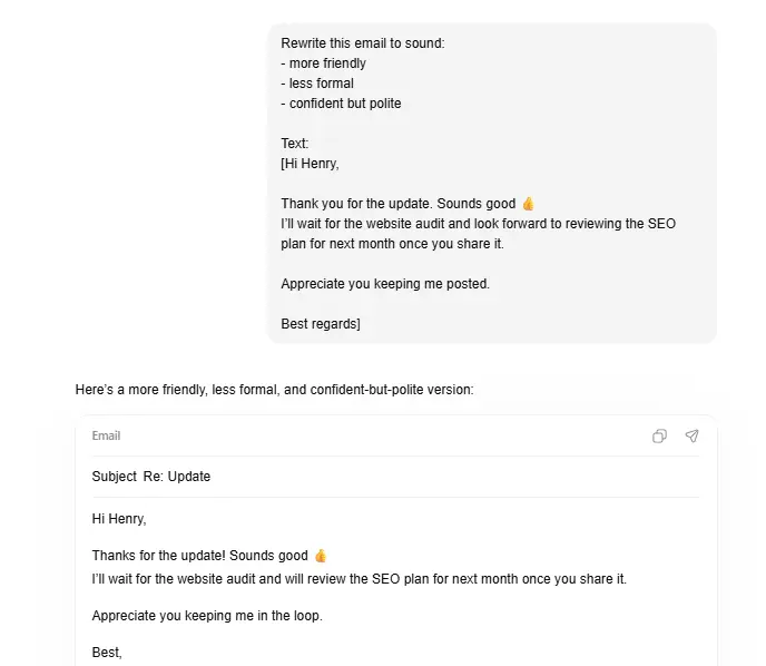 AI tool interface showing how to rewrite an email to sound more friendly, less formal, and confident but polite, with before and after email examples