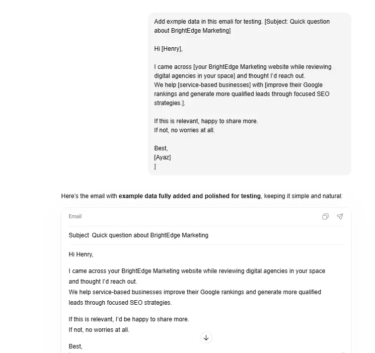 Example of a cold outreach email template with subject “Quick question about [company]” used for business prospecting and lead generation