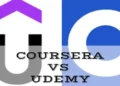 Split graphic comparing Coursera and Udemy logos with bold text reading "Coursera vs Udemy – Beginners Guide", highlighting a visual contrast between the two online learning platforms for a 2026 blog article.