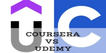 Split graphic comparing Coursera and Udemy logos with bold text reading "Coursera vs Udemy – Beginners Guide", highlighting a visual contrast between the two online learning platforms for a 2026 blog article.