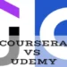 Split graphic comparing Coursera and Udemy logos with bold text reading "Coursera vs Udemy – Beginners Guide", highlighting a visual contrast between the two online learning platforms for a 2026 blog article.