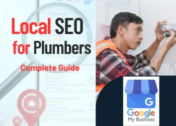 Plumber working on plumbing systems with a Google My Business logo, illustrating the importance of local SEO for plumbers.