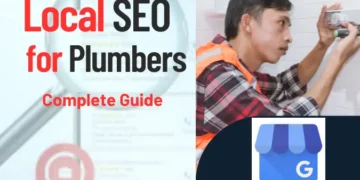 Plumber working on plumbing systems with a Google My Business logo, illustrating the importance of local SEO for plumbers.