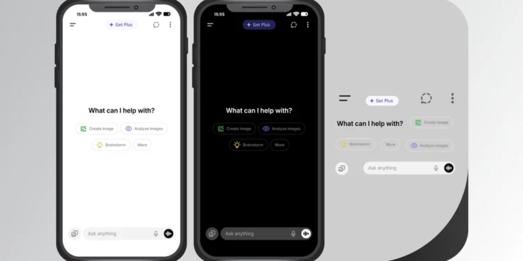 ChatGPT interface on mobile devices showing light and dark mode, illustrating how to use ChatGPT for writing clear and professional work emails faster