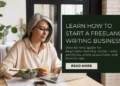 Woman working on a laptop at home while learning how to start a freelance writing business, with text overlay about a beginner freelance writing guide.
