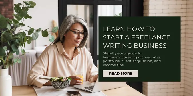 Woman working on a laptop at home while learning how to start a freelance writing business, with text overlay about a beginner freelance writing guide.