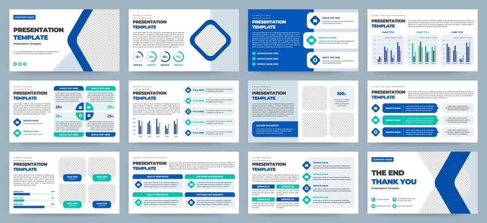 A collection of modern presentation slide templates arranged in a grid. The slides use large readable text, high-contrast blue and white color schemes, charts, icons, and structured layouts designed for accessibility and clear communication.