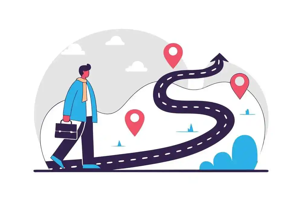 A visual representation of mapping milestones backward, showing a professional walking along a planned path with location markers that symbolize reverse-engineered strategic phases from future goals to present actions.