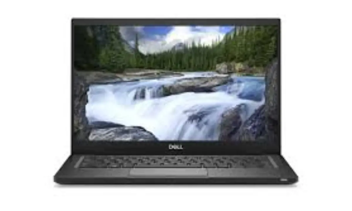 Front view of a refurbished Dell Latitude laptop displaying a scenic waterfall on screen