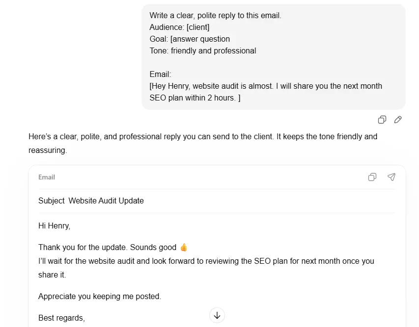 Example of a clear and professional email reply writing format showing audience, goal, tone, and a polite client response inside an email editor