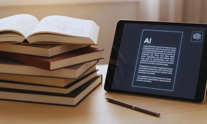 Tablet displaying writing content next to stacked books and a pen on a desk, representing learning the basics of writing for freelance beginners.
