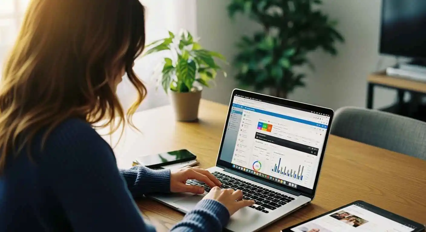A blogger using multiple blog monetization tools including email marketing, analytics dashboards, and content creation software on a laptop