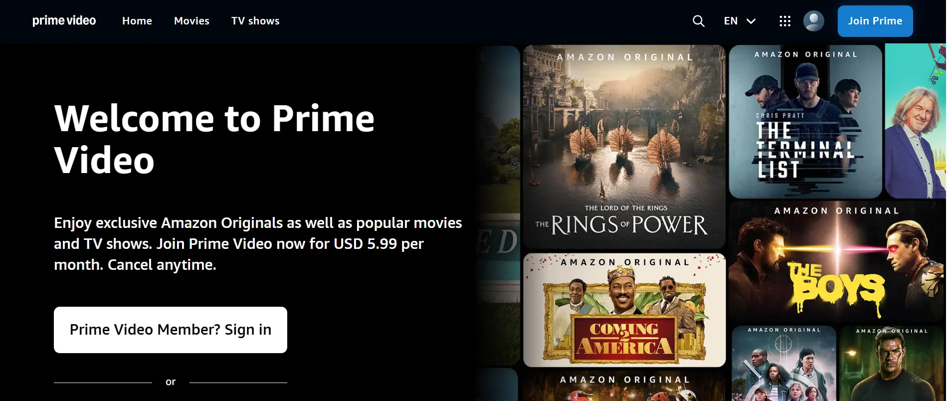 Amazon Prime Video offering a massive library of movies and TV shows, award-winning originals, 4K streaming, and offline viewing, included with Amazon Prime membership.