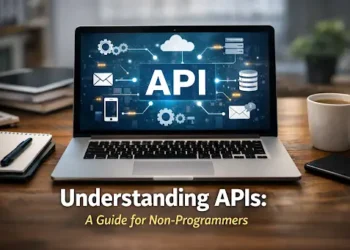 A laptop on a wooden desk showing an API interface screen, surrounded by a notebook, phone, and coffee mug – symbolizing how APIs connect different software tools, ideal for a beginner-friendly blog on APIs for non-programmers.