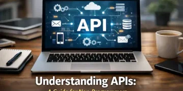 A laptop on a wooden desk showing an API interface screen, surrounded by a notebook, phone, and coffee mug – symbolizing how APIs connect different software tools, ideal for a beginner-friendly blog on APIs for non-programmers.