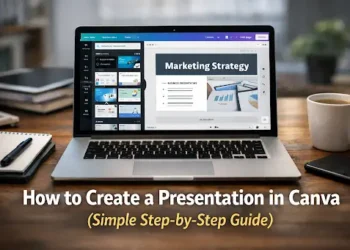 Laptop on a desk displaying a Canva presentation editor with marketing strategy slides, showing how to create a presentation in Canva step by step.