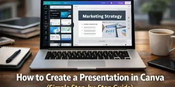 Laptop on a desk displaying a Canva presentation editor with marketing strategy slides, showing how to create a presentation in Canva step by step.