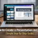 Laptop on a desk displaying a Canva presentation editor with marketing strategy slides, showing how to create a presentation in Canva step by step.