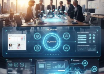 HQPotner all-in-one business management dashboard showing social media scheduling, project tasks, analytics charts, and team collaboration tools on a modern workspace screen