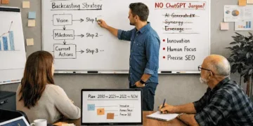 A collaborative backcasting room strategy meeting where a team plans future business goals using milestone mapping, human-focused SEO planning, and competitor analysis without AI-generated jargon.