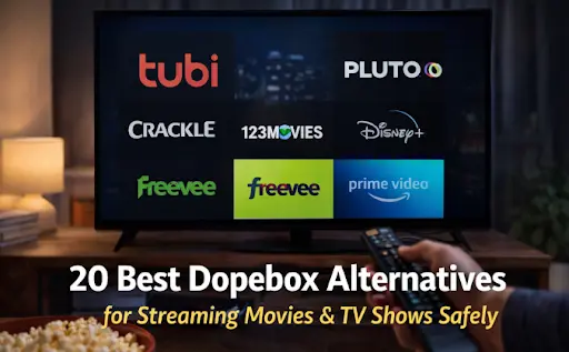 Featured image showing streaming platforms like Tubi, Pluto TV, Freevee, and Prime Video as legal and safe alternatives to Dopebox for movies and TV shows.