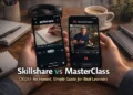 Person holding two smartphones displaying Skillshare and MasterClass apps side by side, representing a detailed comparison of online learning platforms for skills, creativity, and career growth
