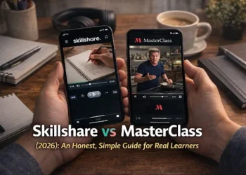 Person holding two smartphones displaying Skillshare and MasterClass apps side by side, representing a detailed comparison of online learning platforms for skills, creativity, and career growth