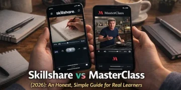 Person holding two smartphones displaying Skillshare and MasterClass apps side by side, representing a detailed comparison of online learning platforms for skills, creativity, and career growth